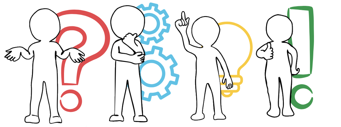 Eine ahnungslose Figur mit Fragezeichen, eine nachdenkende Figur mit Zahnrädern, ein Figur die eine Idee hat mit Glühbirne und eine Figur die den Daumen hochstreckt mit Ausrufezeichen.